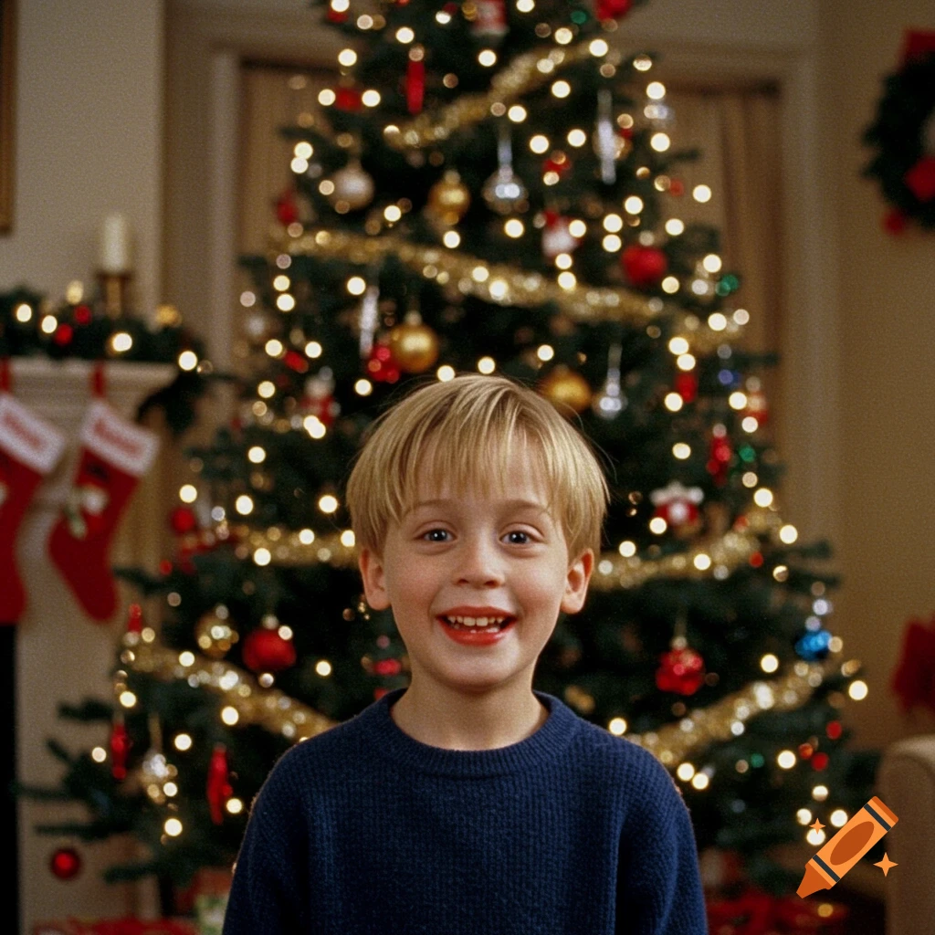 A young boy smiles widely in front of a brightly lit Christmas tree.