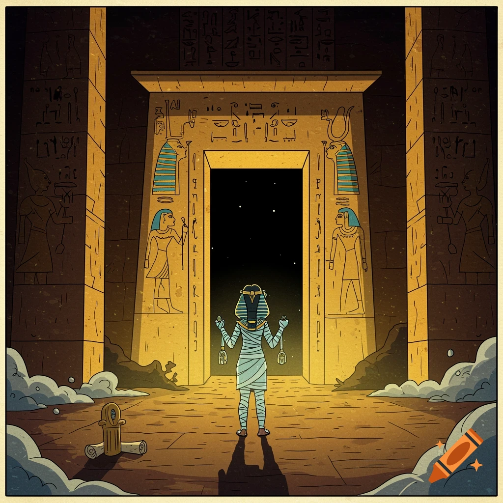 Comic illustration of a mummy before a large ancient Egyptian gateway with hieroglyphs leading to a starry void.
