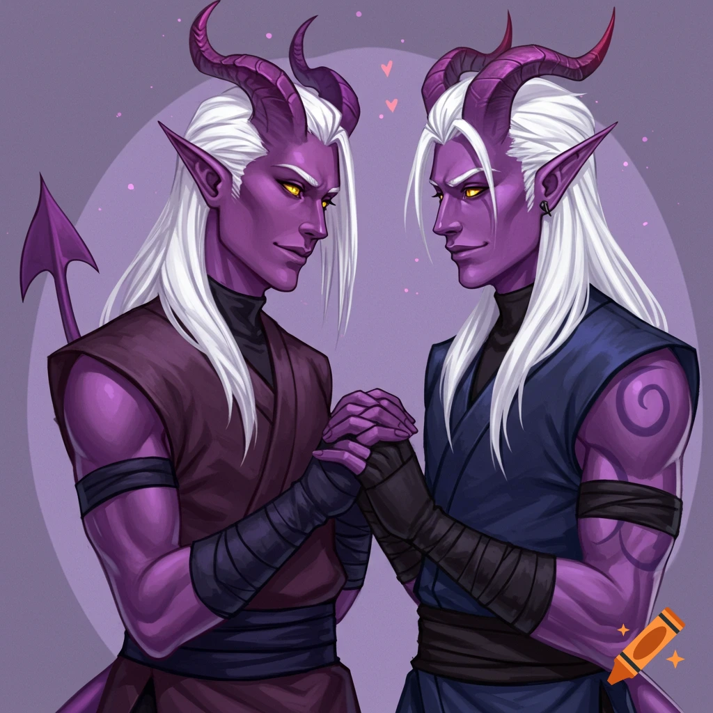 Two purple-skinned male tieflings in ninja gear holding hands and gazing at each other.