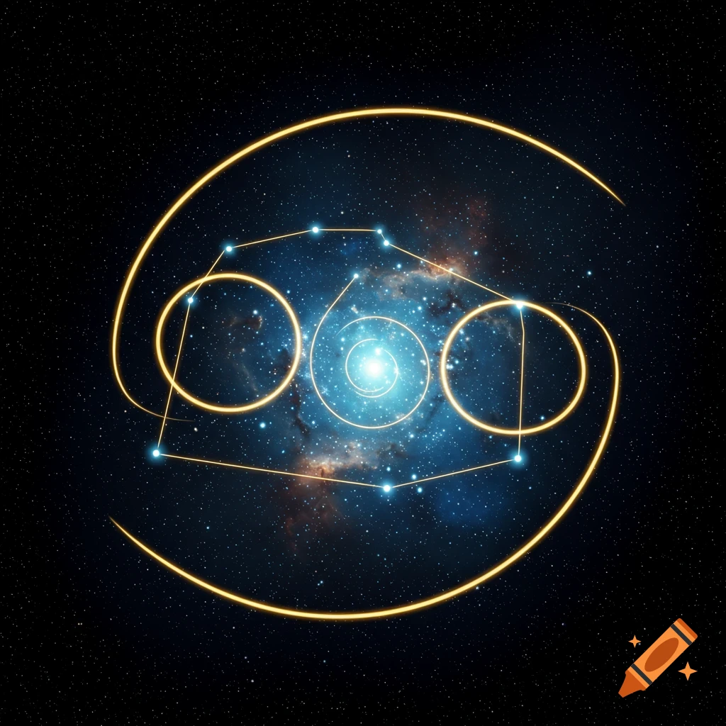 A glowing golden Fibonacci spiral overlaid on the constellation pattern of Cancer against a starry nebula background.