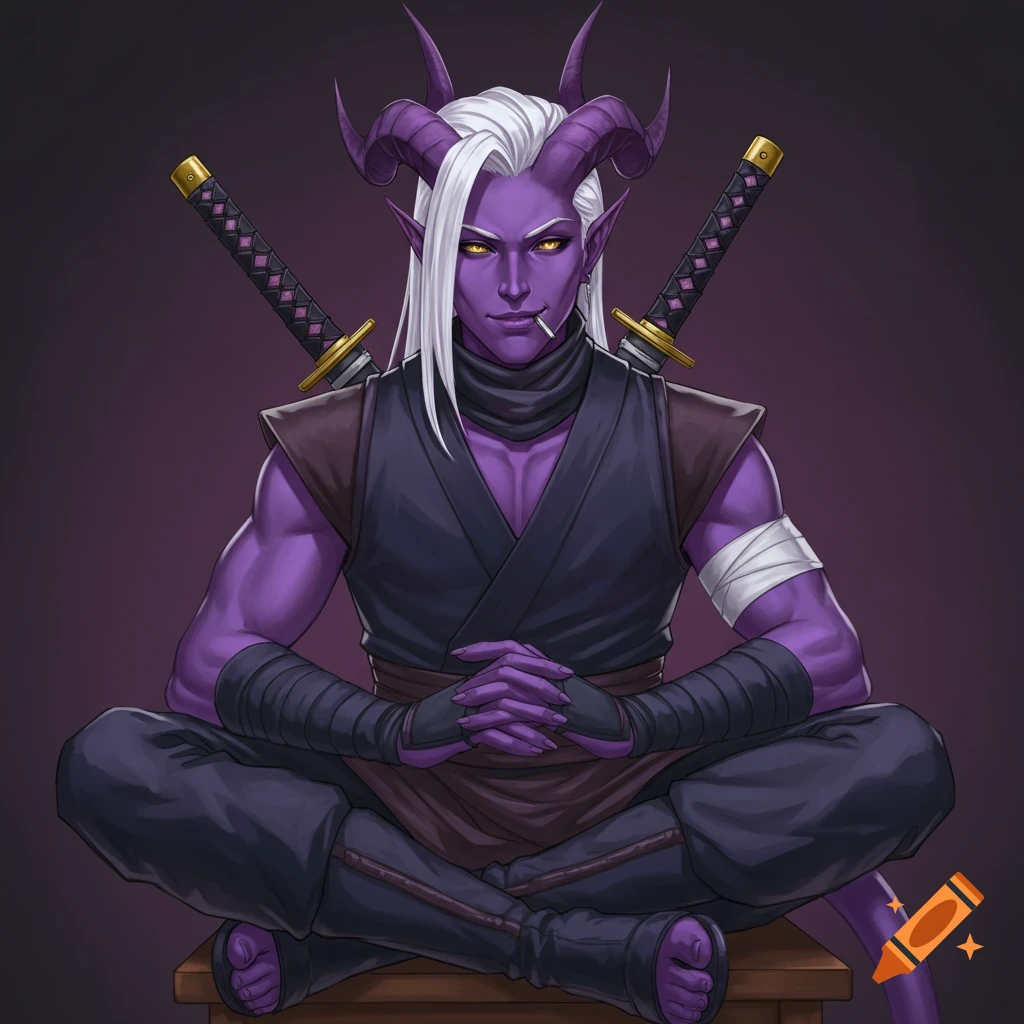 A male Tiefling ninja with purple skin and white hair, sitting cross-legged with katanas.