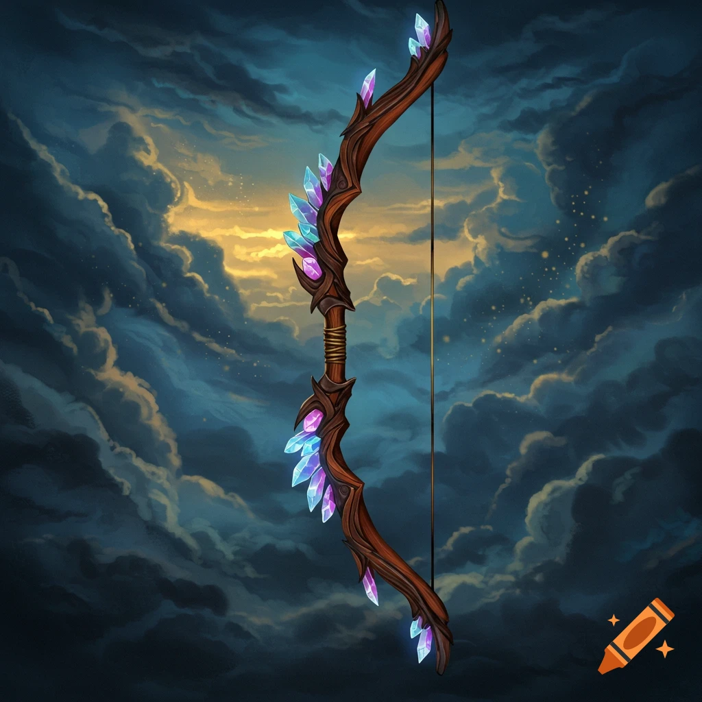A fantasy bow with crystal inlays against a cloudy sky