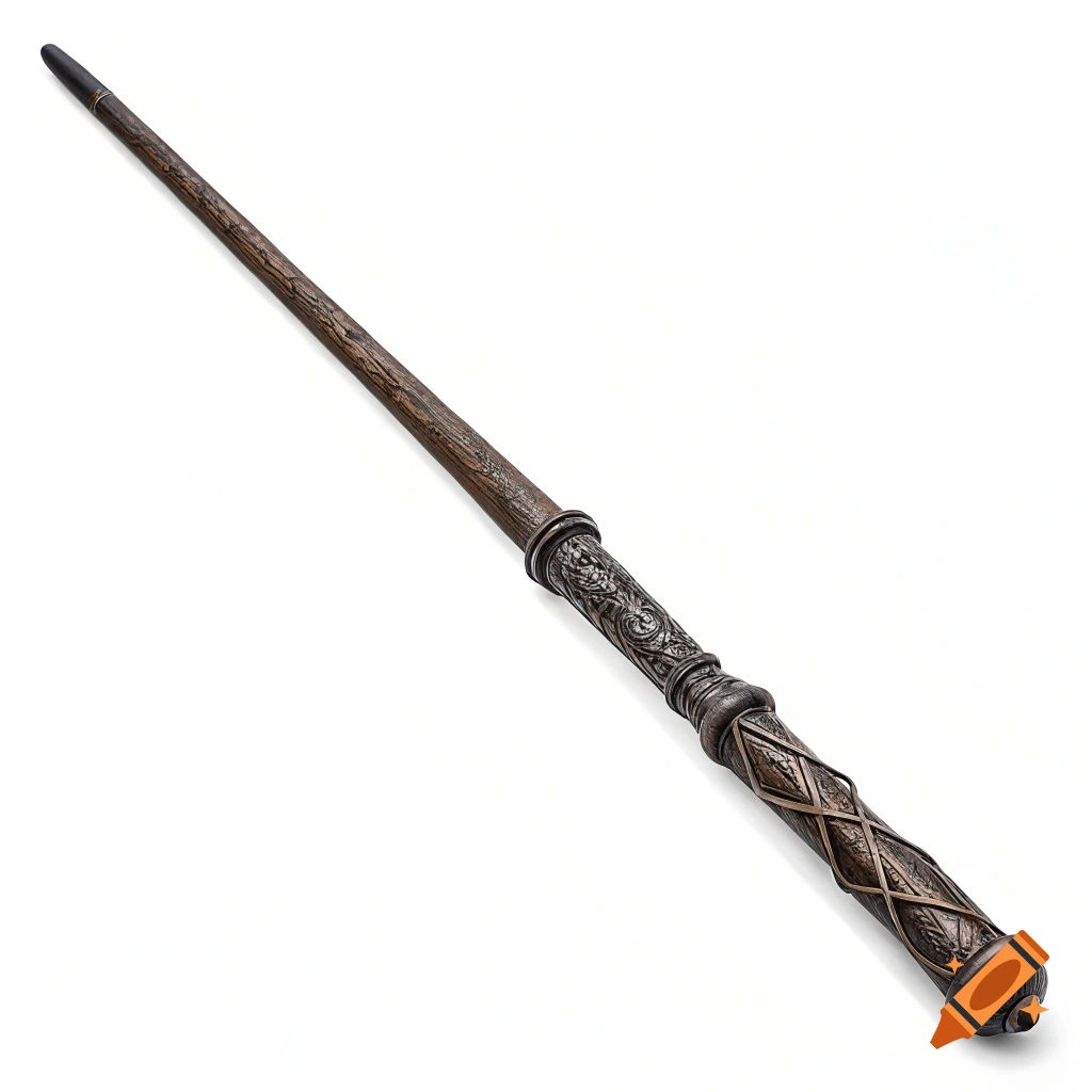 A detailed wooden magic wand with carved metallic handle on a white background.