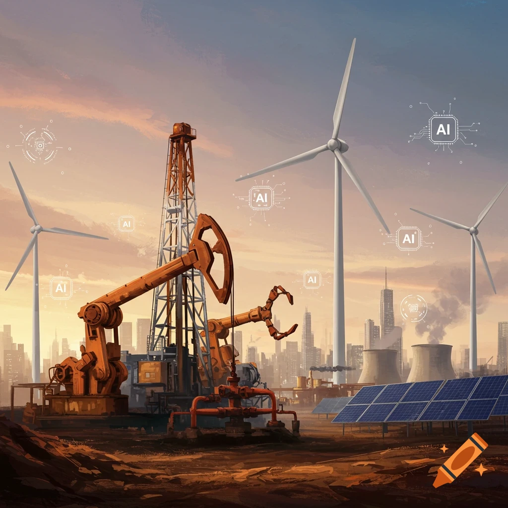 Energy sources (oil pump, wind, solar) integrated with AI graphics against a city skyline.
