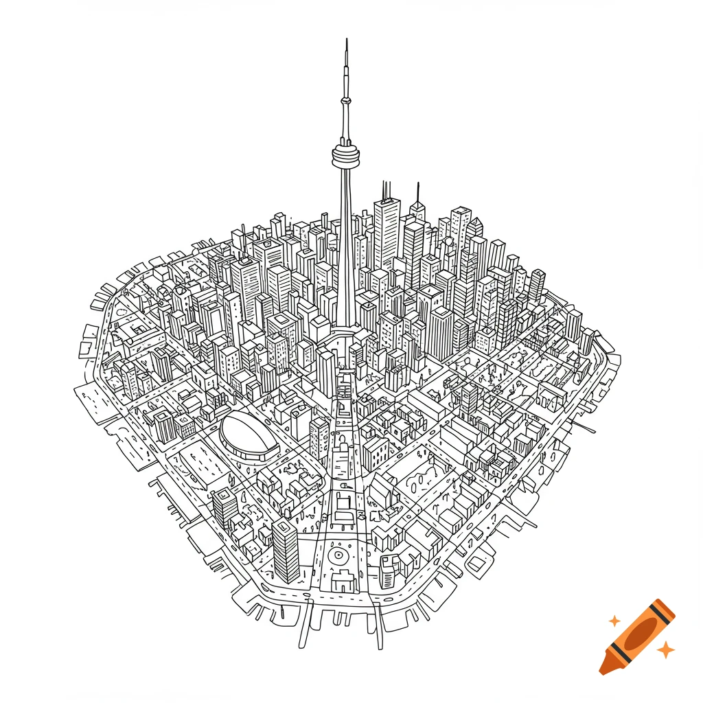 A squiggly black line drawing of the Toronto cityscape from a top-down view in a cartoon style.