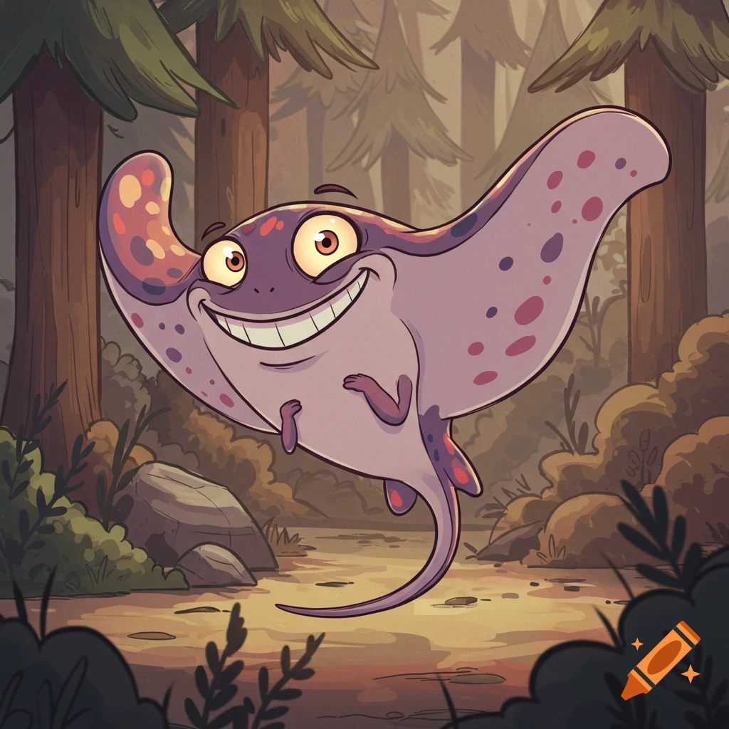 A cartoon stingray character with a big smile floats in a forest, in the style of Gravity Falls.