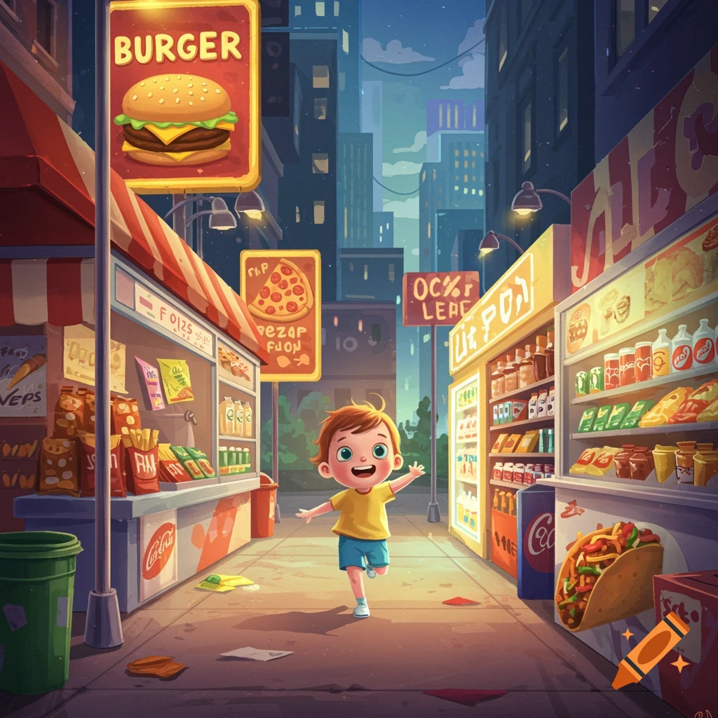 Cartoon child running down a city street lined with fast food stalls.