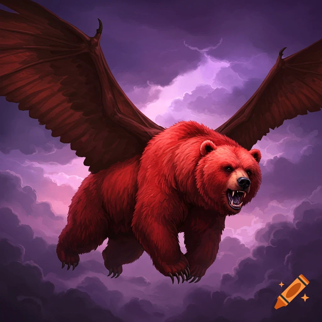 Red bear with bat wings flies through stormy purple clouds.