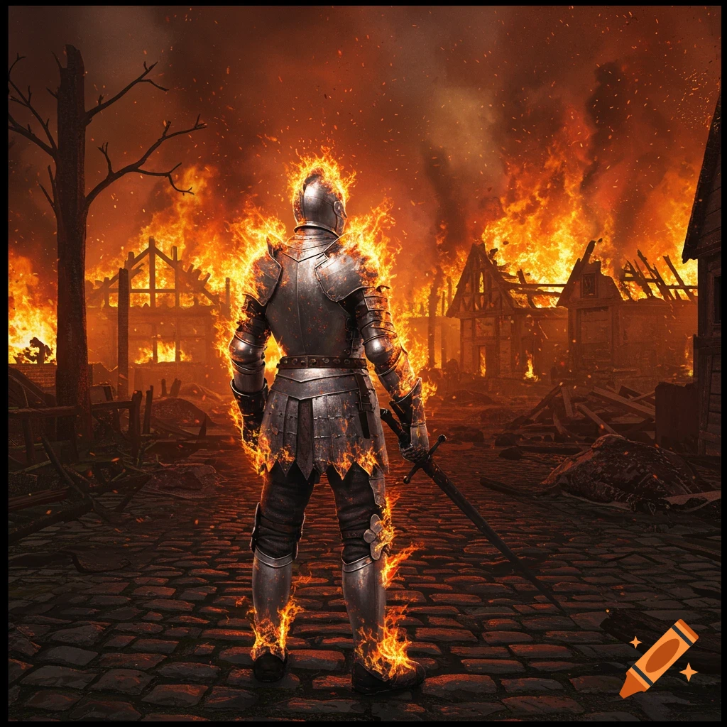 a knight in burning armor facing a destroyed village engulfed in flames.