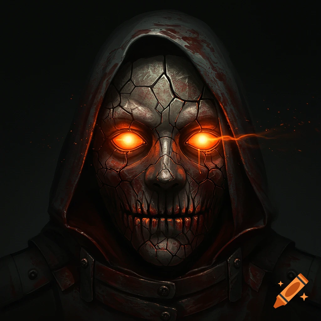 A figure in a blood-stained hood and armor, wearing a cracked mask with glowing orange eyes.