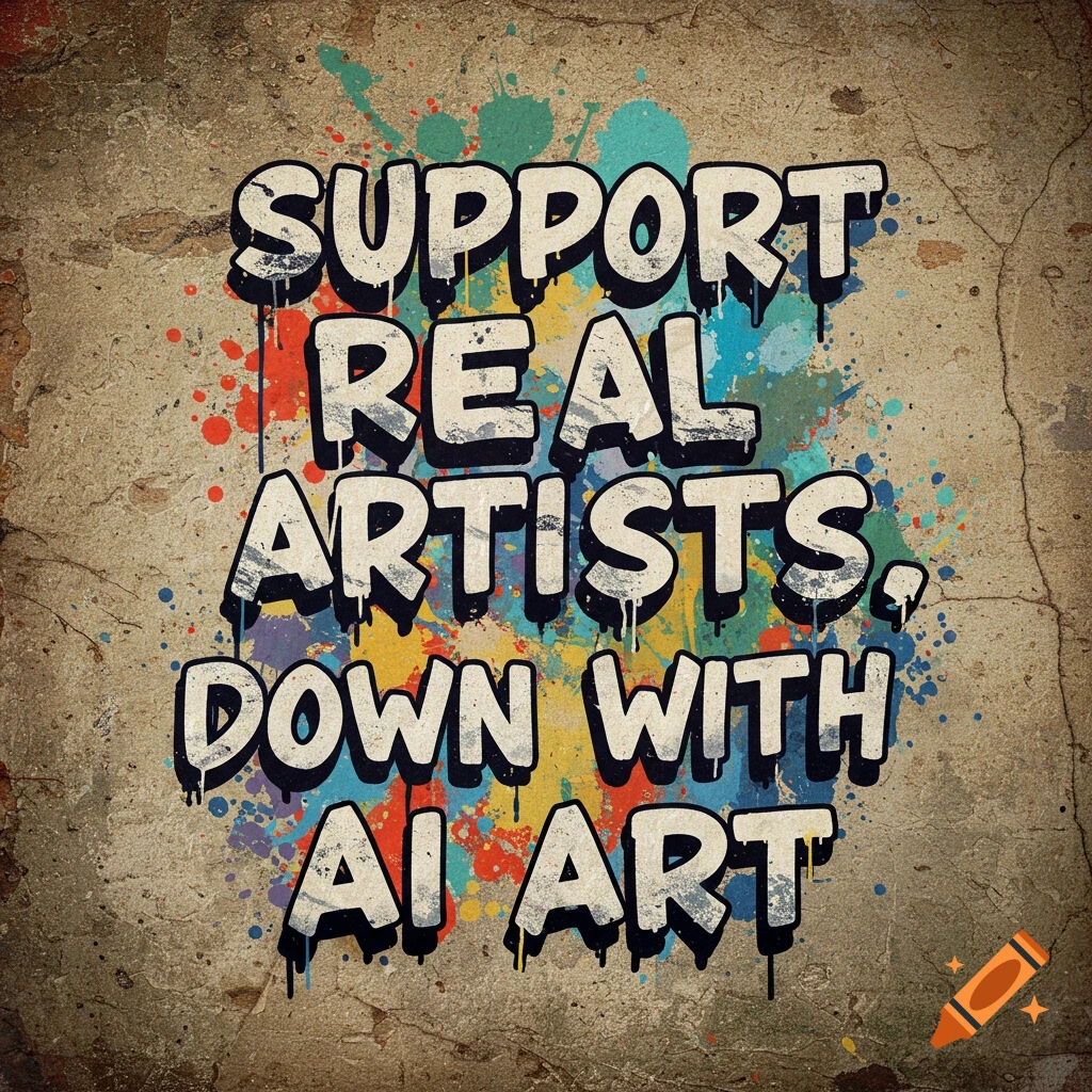Graffiti-style text on a textured wall reading "SUPPORT REAL ARTISTS, DOWN WITH AI ART" with paint splatters.