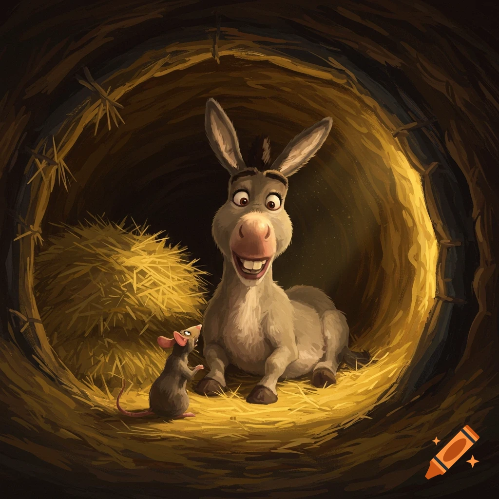 A cartoon donkey smiles at a mouse in a burrow filled with straw. on ...