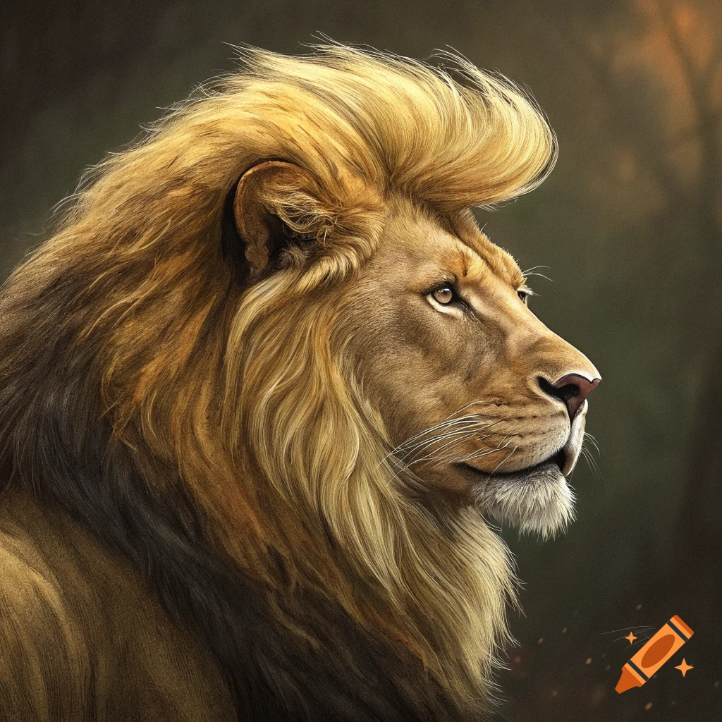 Profile portrait of a lion with a large, stylized mane in a forest setting