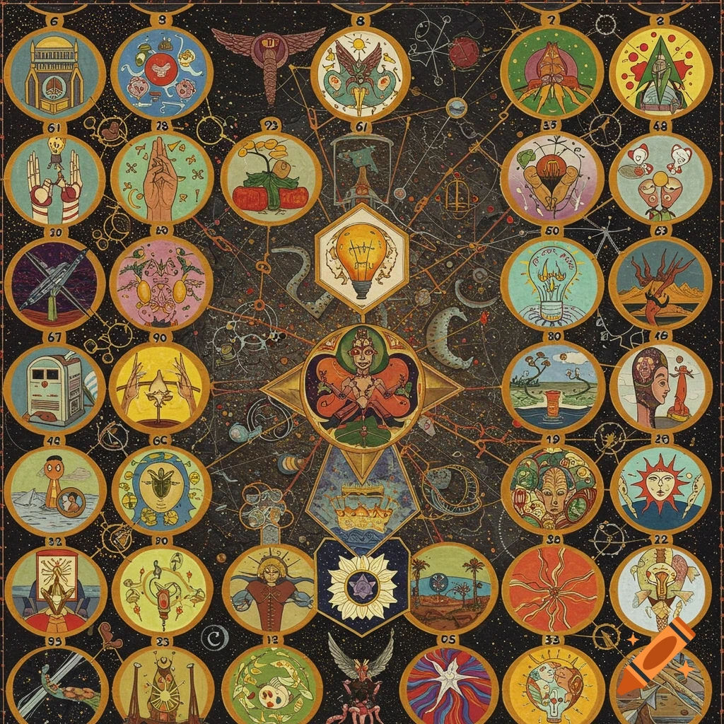 A complex chart with numerous symbolic illustrations in circles, arranged over a cosmic background.