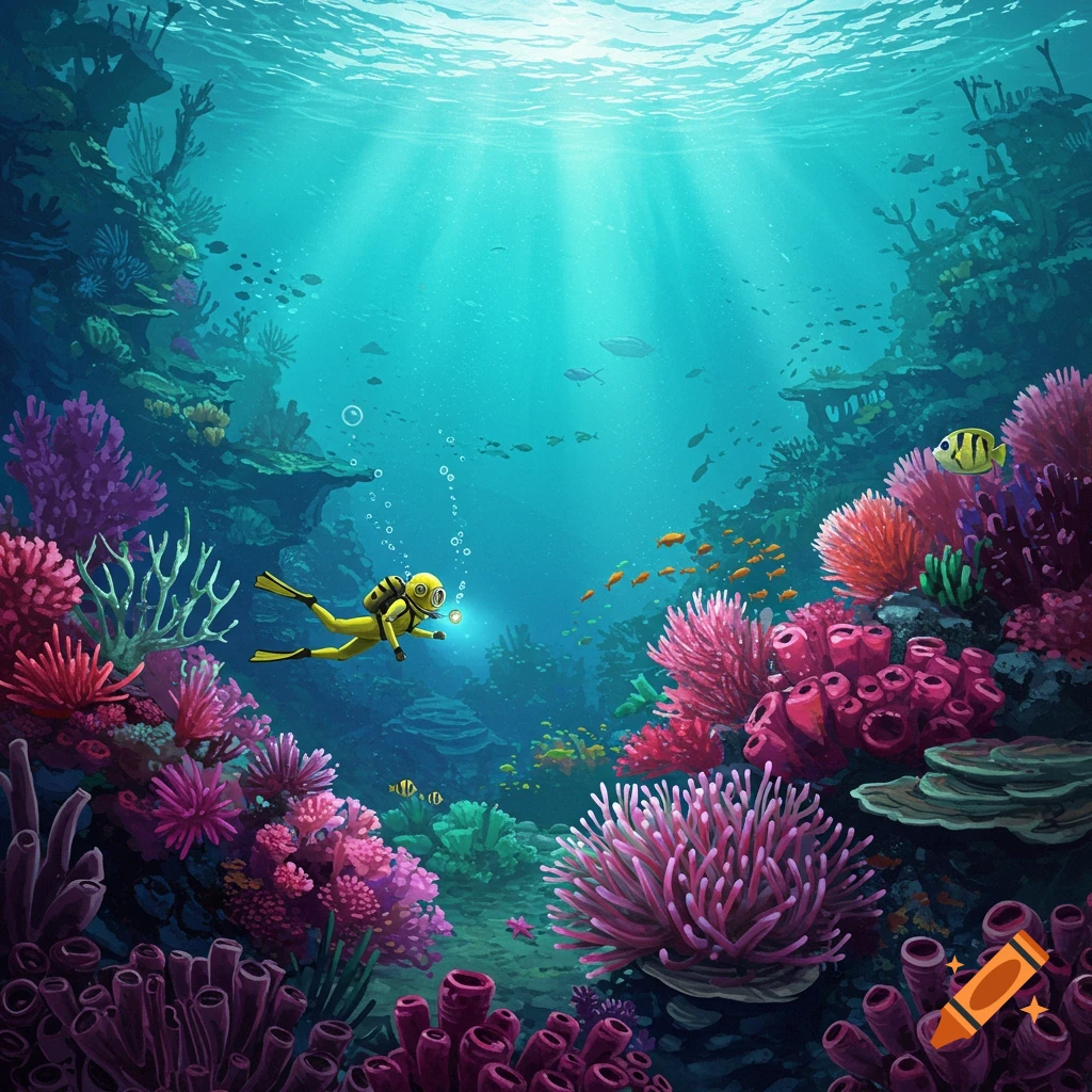 A scuba diver exploring a vibrant coral reef