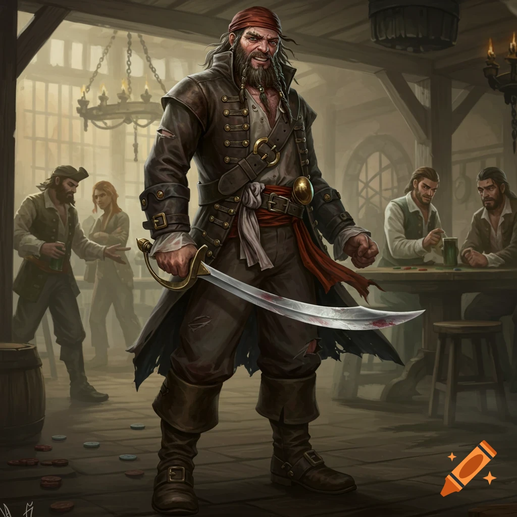A pirate holding a bloodied sword in a tavern.