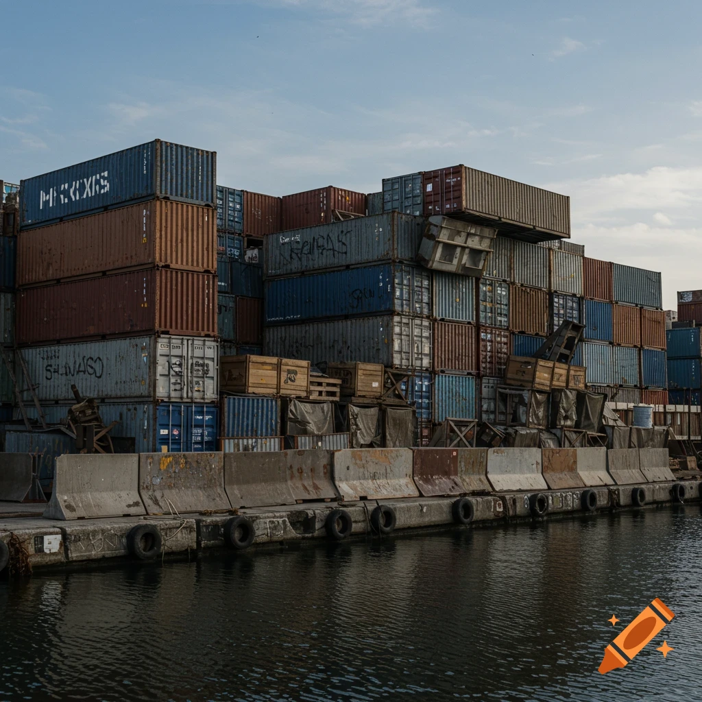 Stacked shipping containers form barriers along a harbor