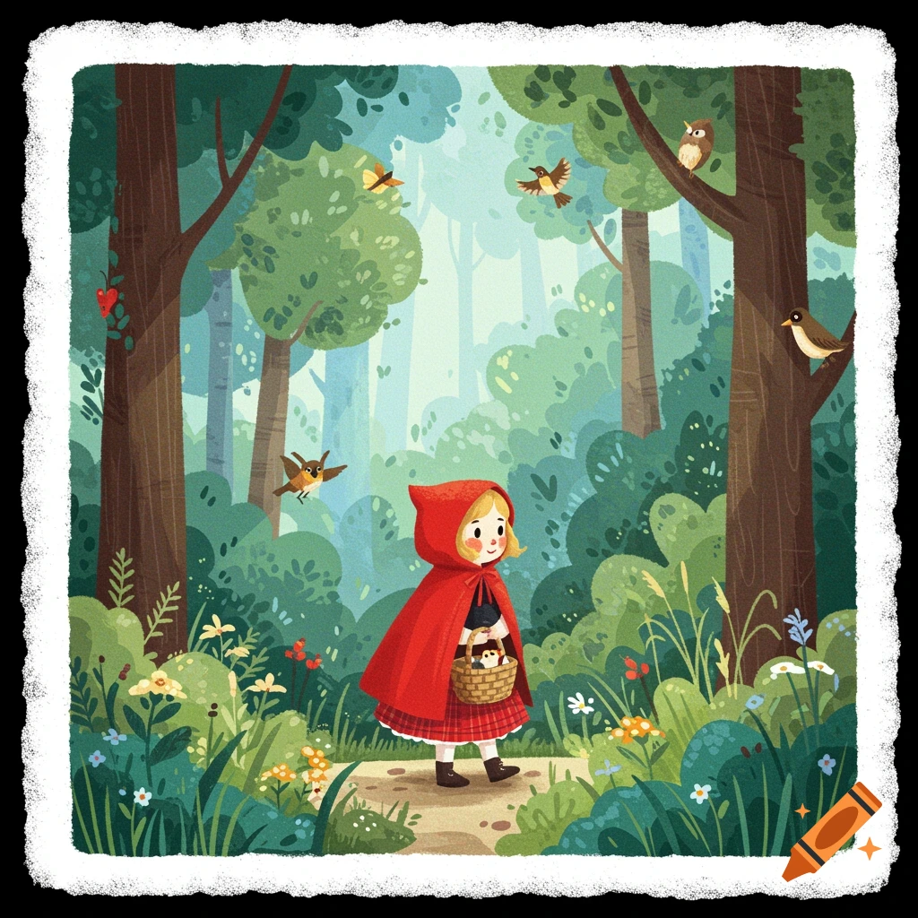 Whimsical illustration of Little Red Riding Hood walking through a sun-dappled forest in the style of Mary Blair.