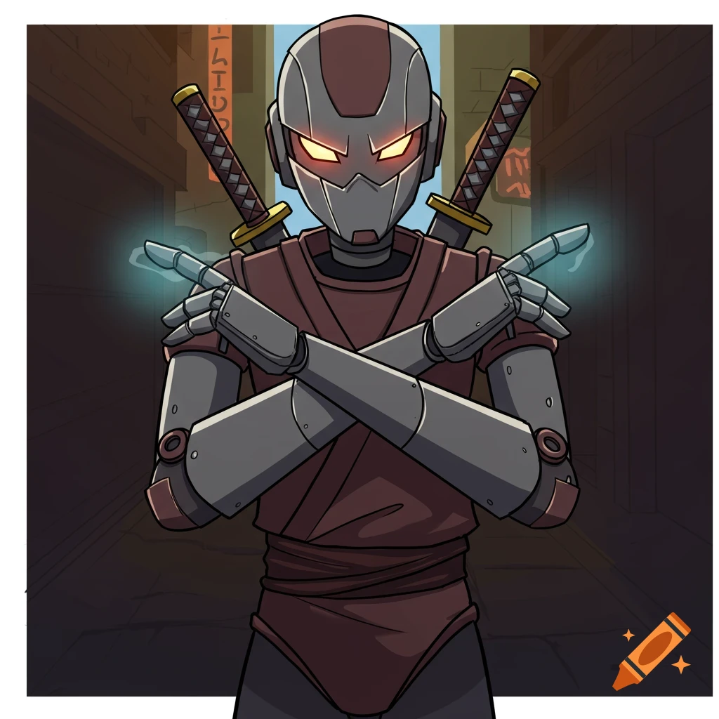 A cartoon robot ninja stands in an alley with arms crossed, glowing eyes, and two swords on its back.