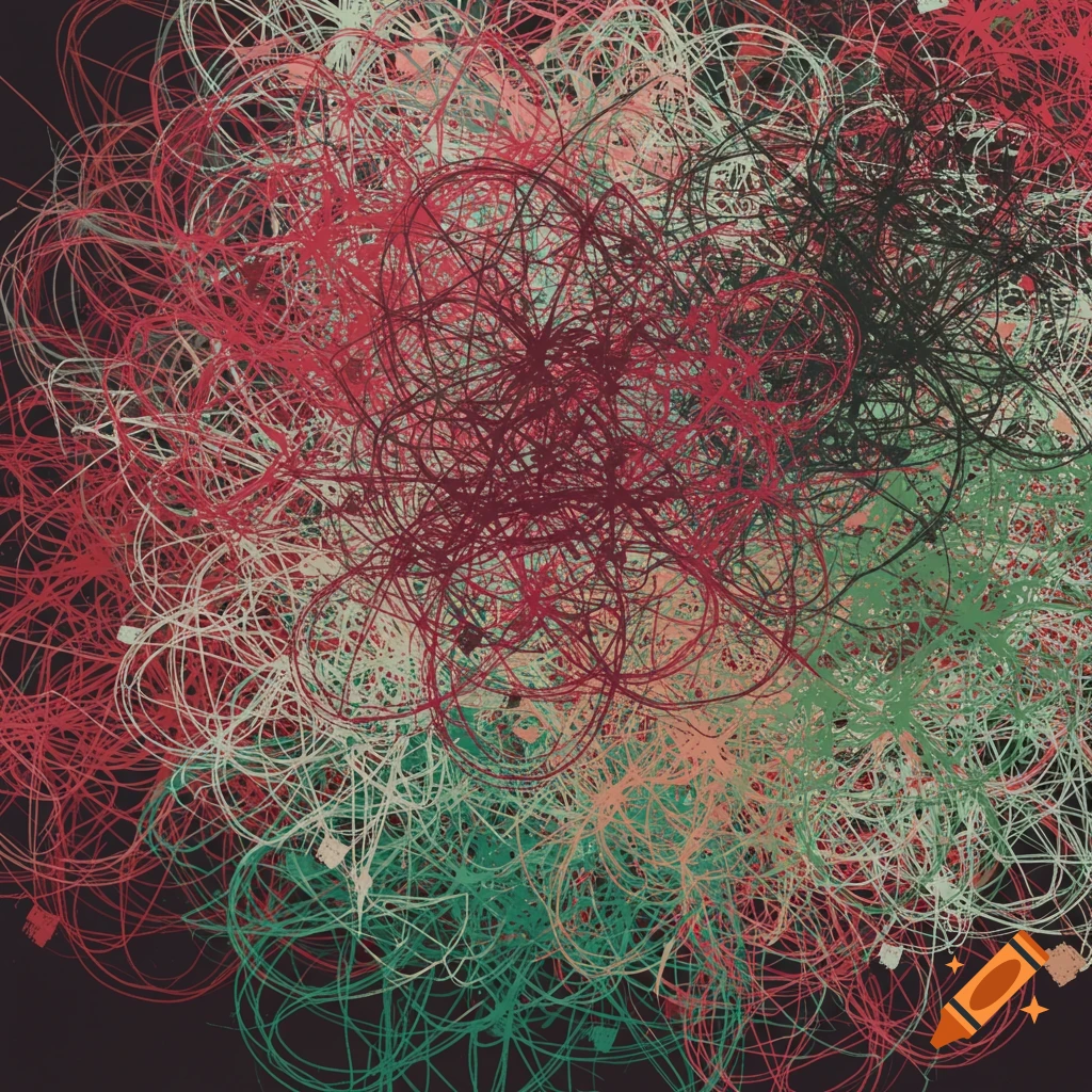 Chaotic abstract tracing with tangled red, green, and white lines.