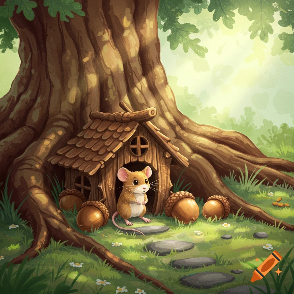 Illustrated mouse stands outside a small wooden house at the base of a large tree.