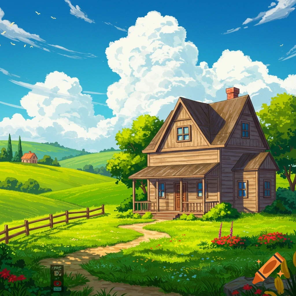 A wooden house on a grassy hill path under a sunny sky