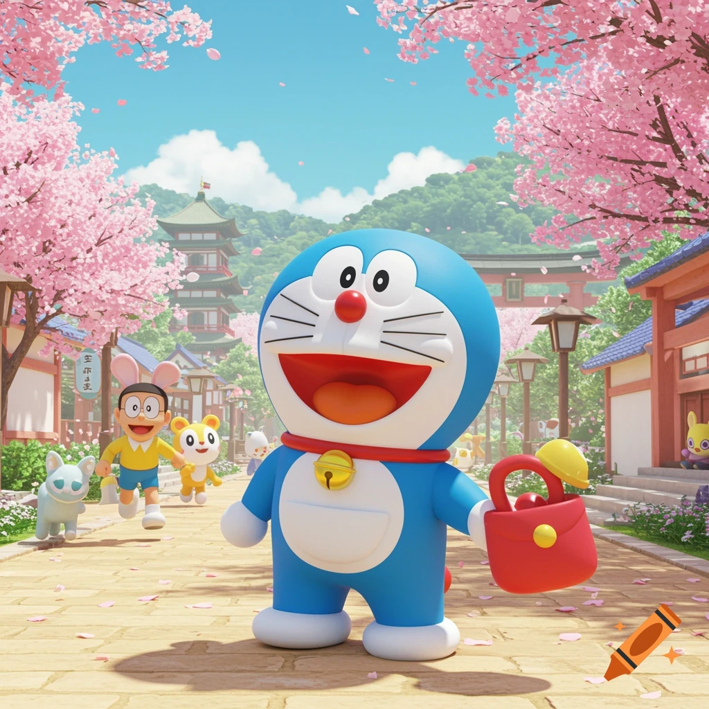 Doraemon stands in a Japanese town scene with cherry blossoms, holding his pocket. Nobita and others run in the background.