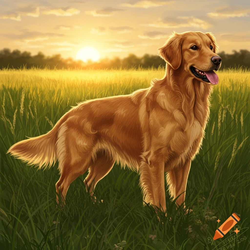 A golden retriever stands in a grassy field at sunset.