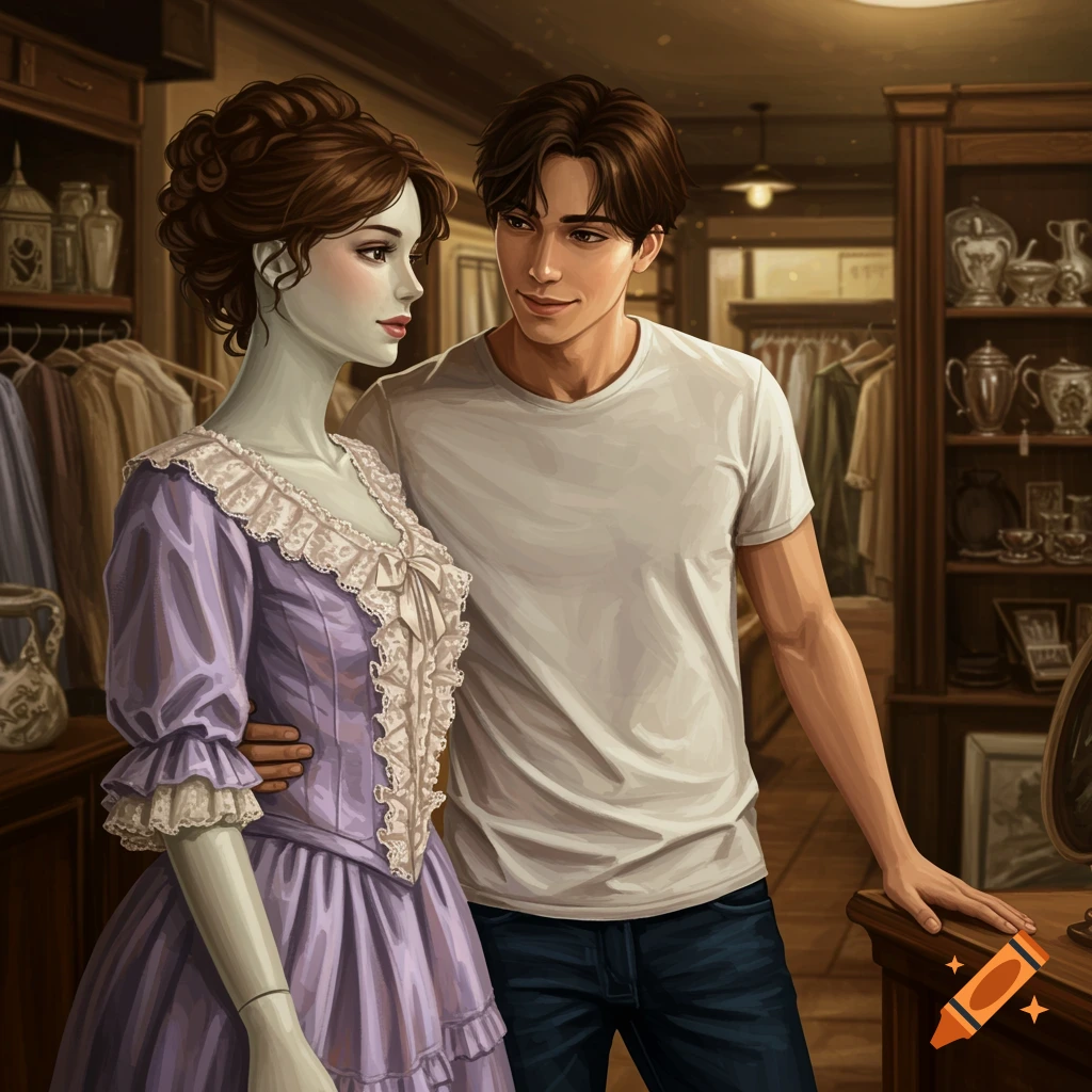 A man gazes lovingly at a mannequin in an antique shop.