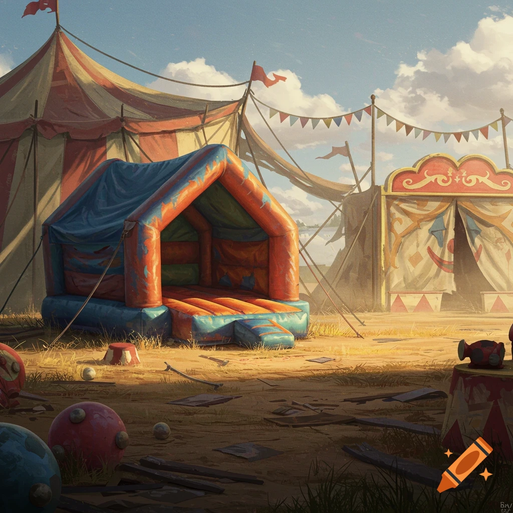 A desolate circus scene with a bounce house and old tents.
