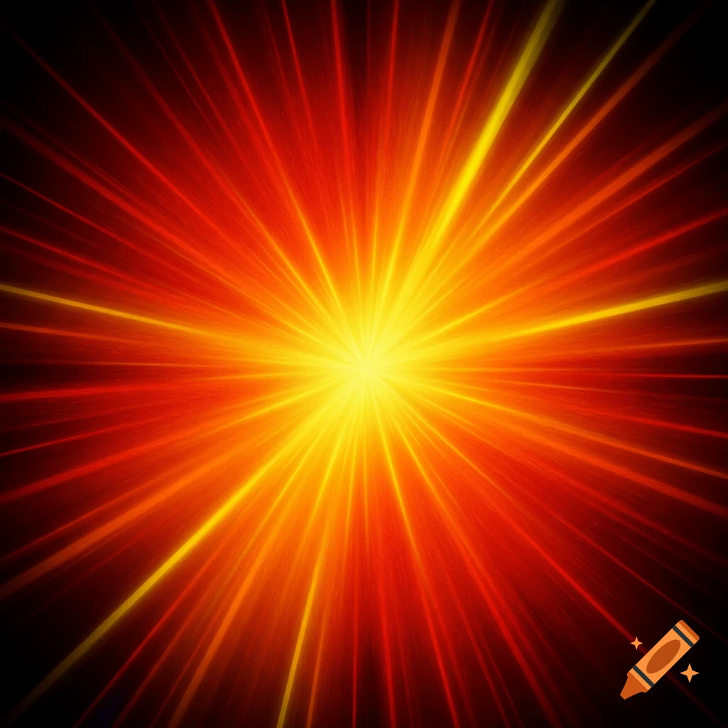 Bright yellow sunburst with red and orange rays on a dark background.