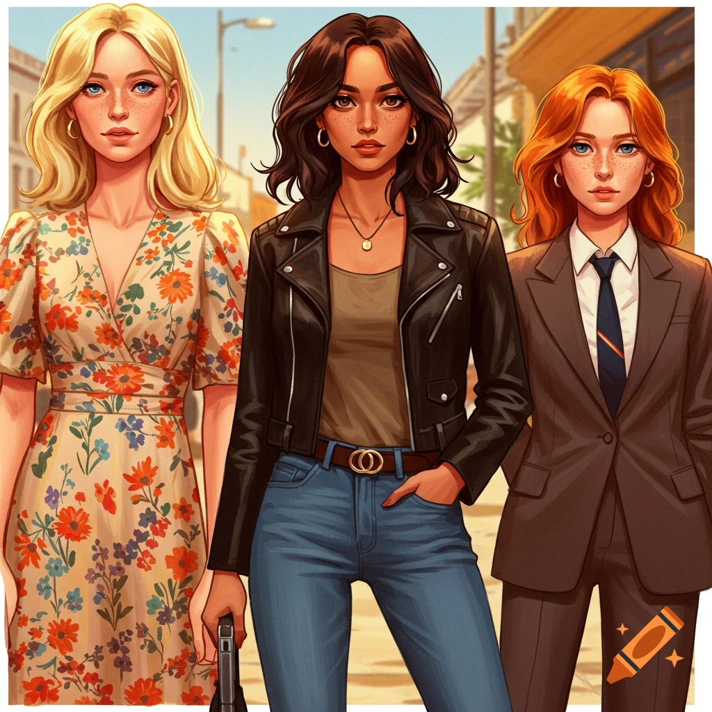 Three women standing side-by-side: one in a floral dress, one in a leather jacket, one in a suit.