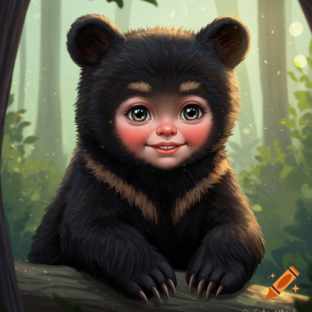 A black bear cub with a human face sits on a log in a forest.