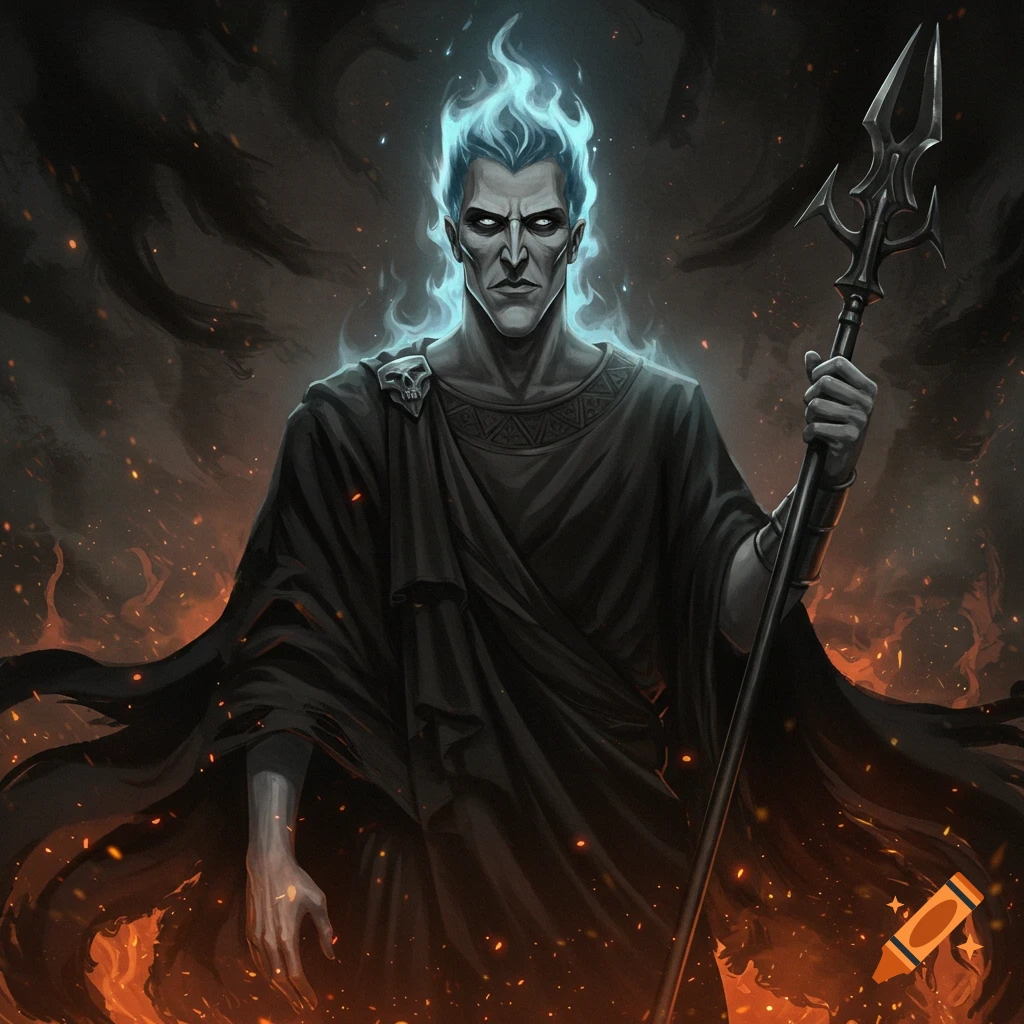 Hades with blue flame hair, dark robes, and staff, in a fiery setting.