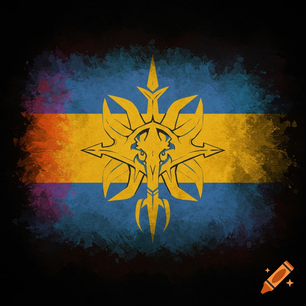 Stylized golden symbol on a blue and yellow grunge flag background