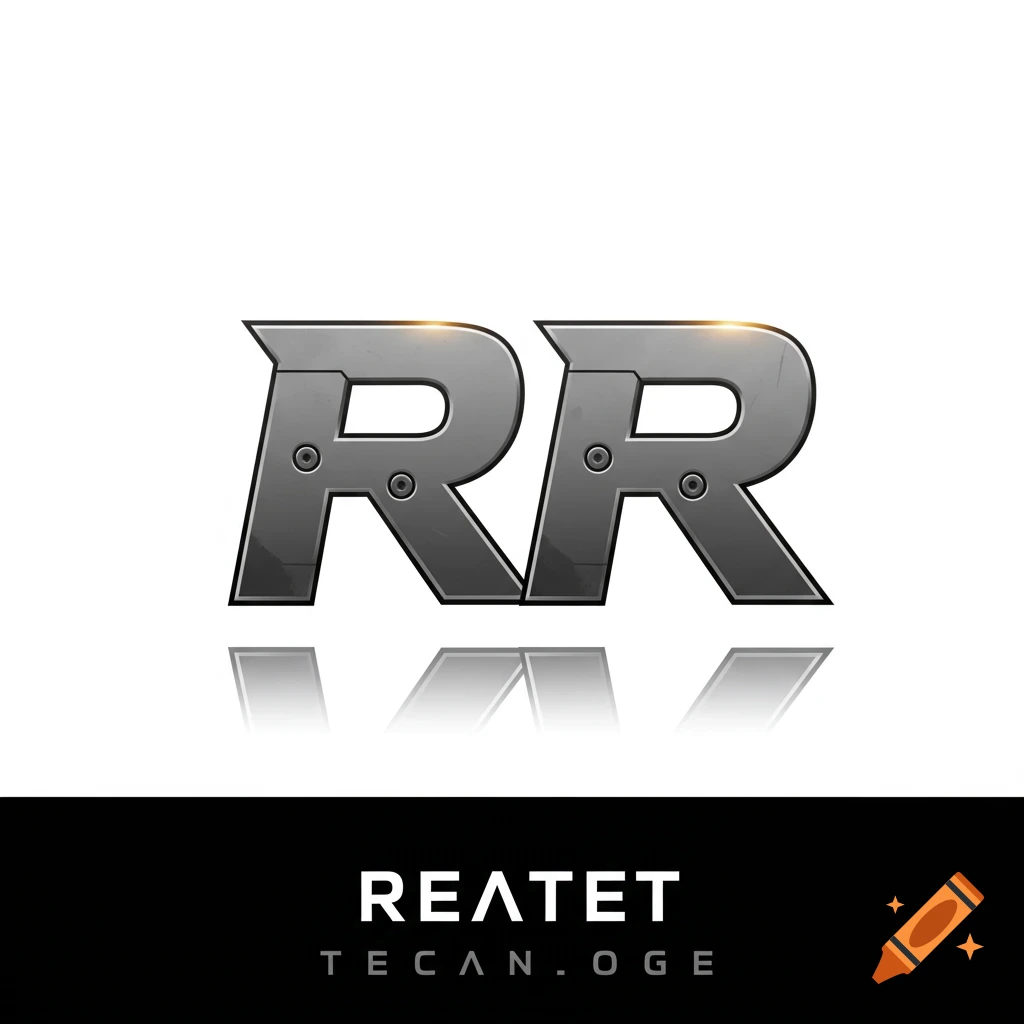 Large metallic 'RR' letters with rivets and reflection.