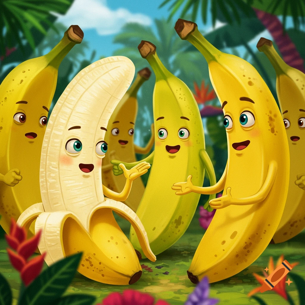 Cartoon bananas with faces and limbs talking in a jungle setting.