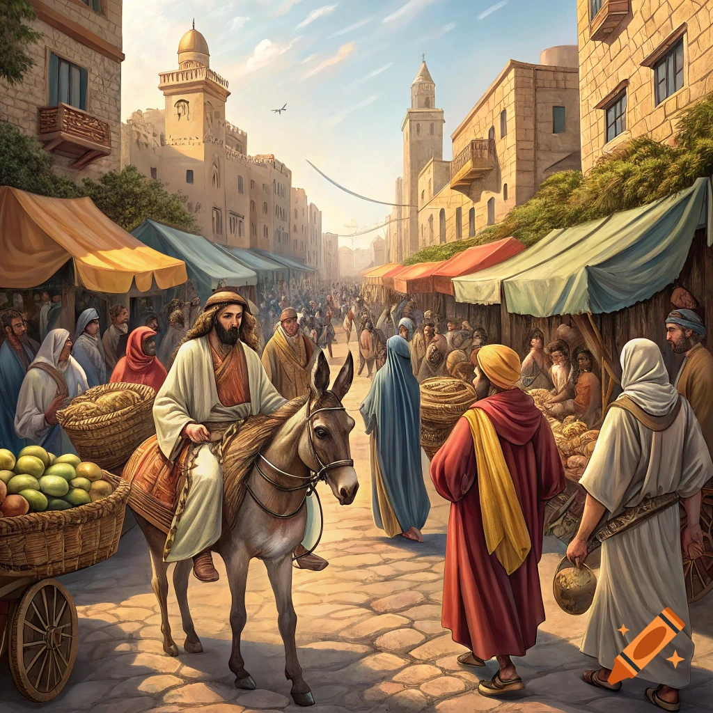 A person rides a donkey through a crowded market street in a historical city.