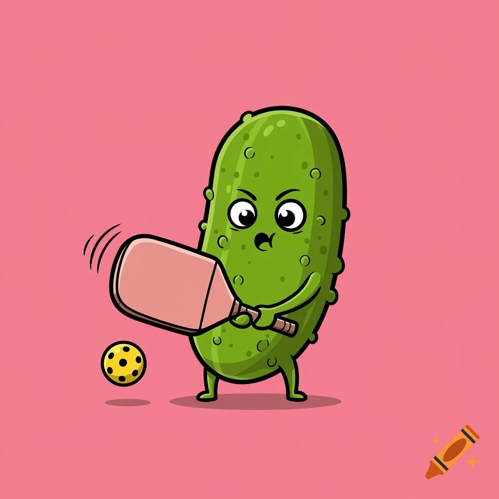 Cartoon pickle character playing pickleball with a large paddle.