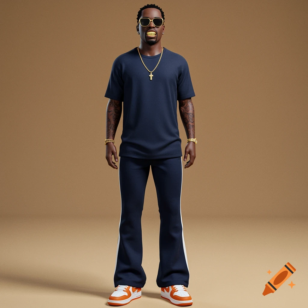 Full body portrait of a Black man wearing a navy t-shirt, navy flared sweatpants, orange and white sneakers, gold chains, grill, and sunglasses.