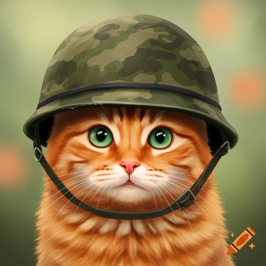 Close-up of an orange cat wearing a camouflage army helmet