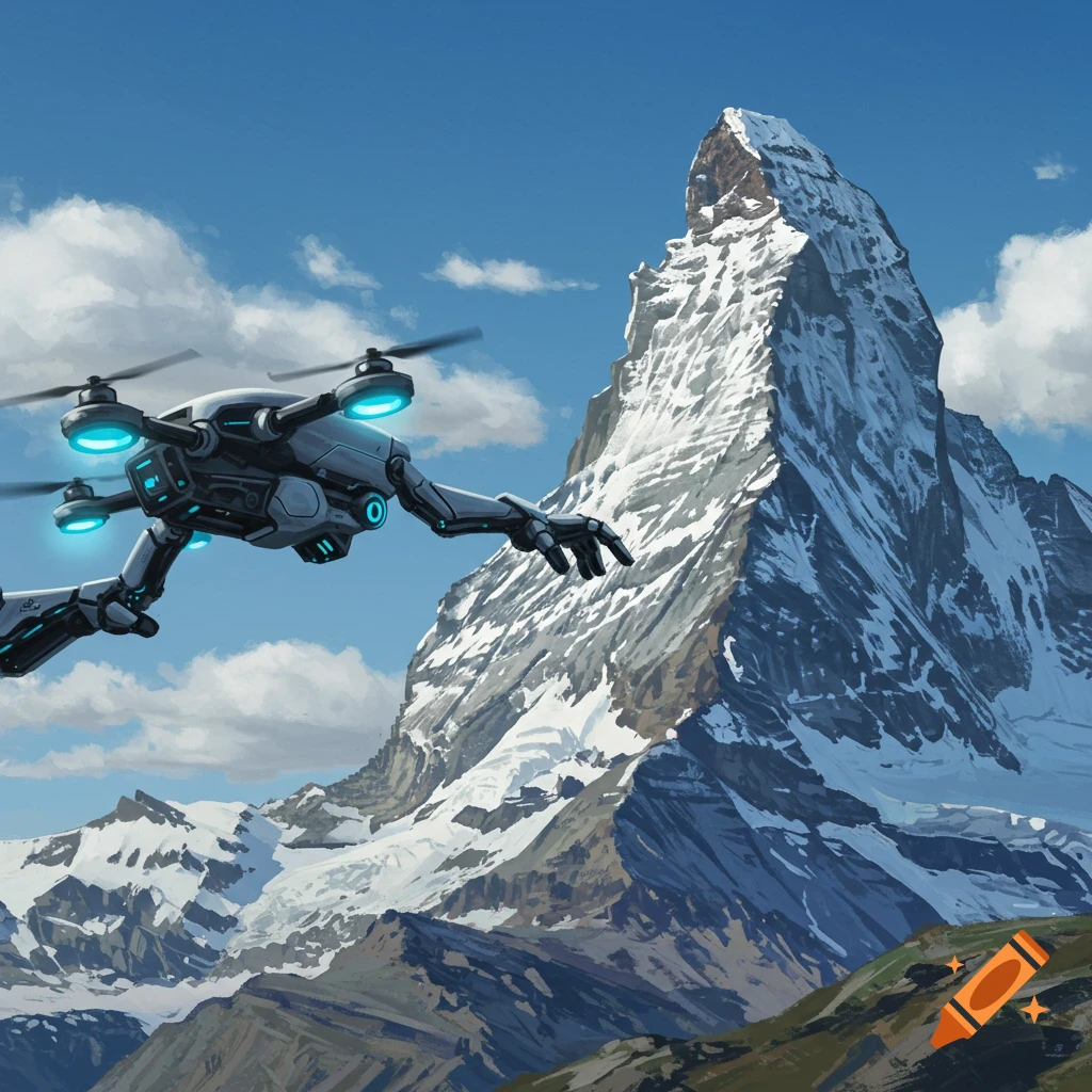 A futuristic drone reaching towards a snowy mountain.