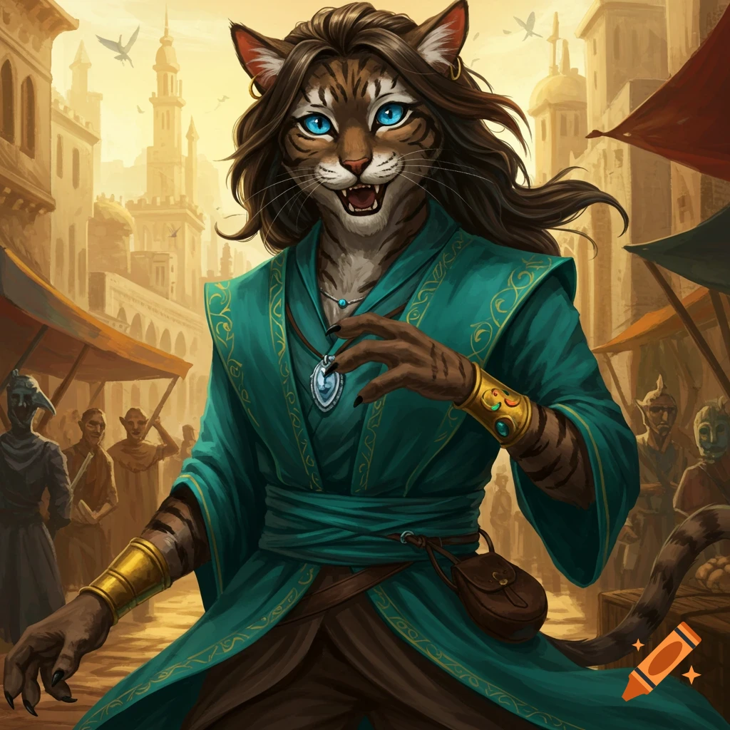 A catfolk character in fantasy robes stands in a busy market.