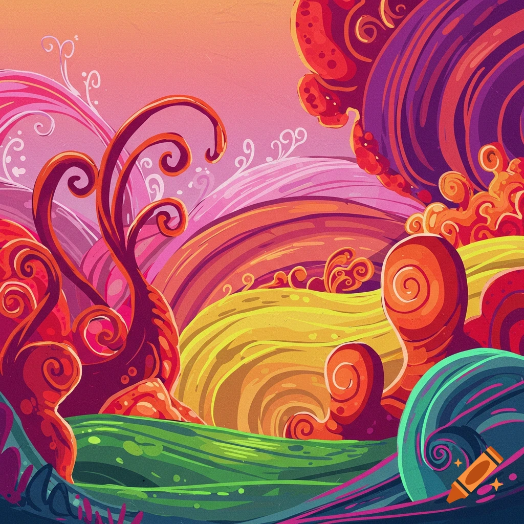 Colorful stylized abstract landscape with swirling organic forms
