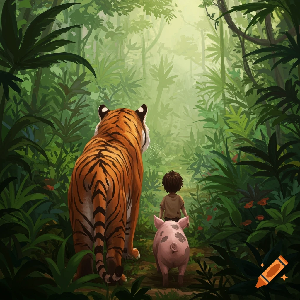 A tiger, boy, and pig from behind walk into a dense, lush jungle.