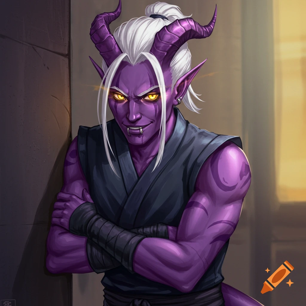 A male tiefling ninja with purple skin, white hair, glowing yellow eyes, and horns, leaning against a wall with arms crossed.