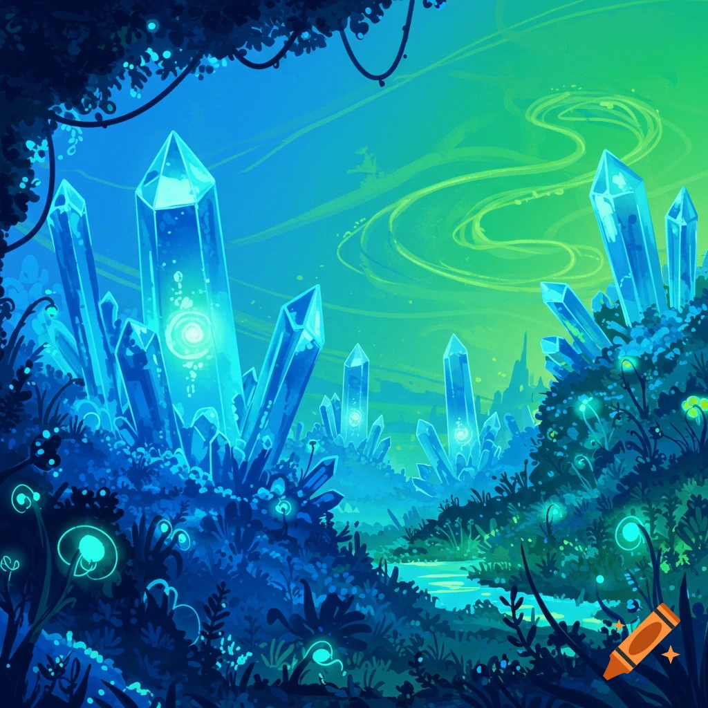 A vibrant fantasy landscape with glowing blue crystals and lush blue and green foliage.