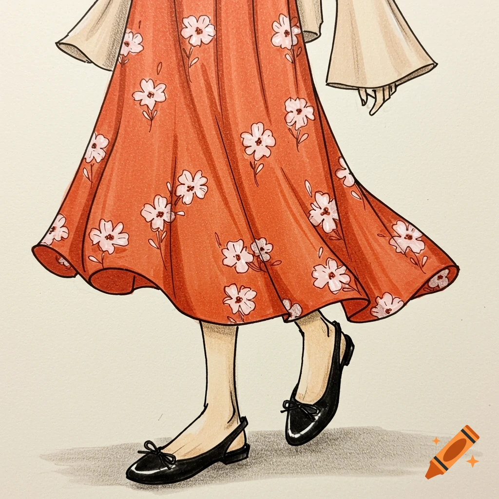 Sketch of legs wearing an orange-red floral dress and black slingback flats.