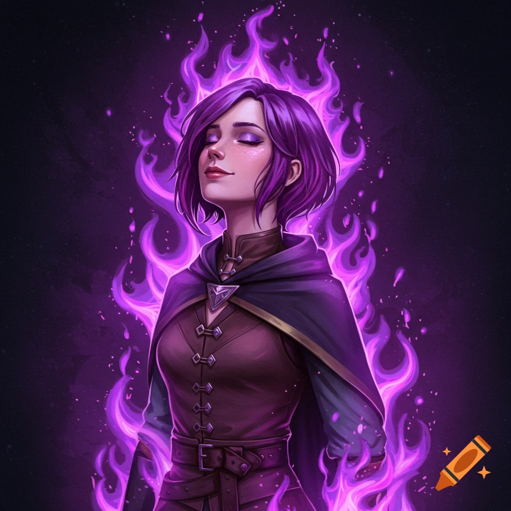A girl with short purple hair in fantasy clothing engulfed in violet flames.