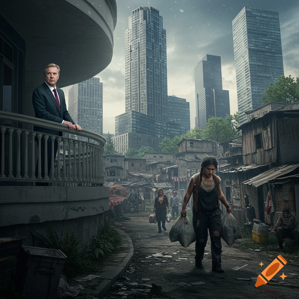 A man in a suit on a balcony overlooks a slum street with a woman carrying bags, against a backdrop of skyscrapers. Photorealistic.